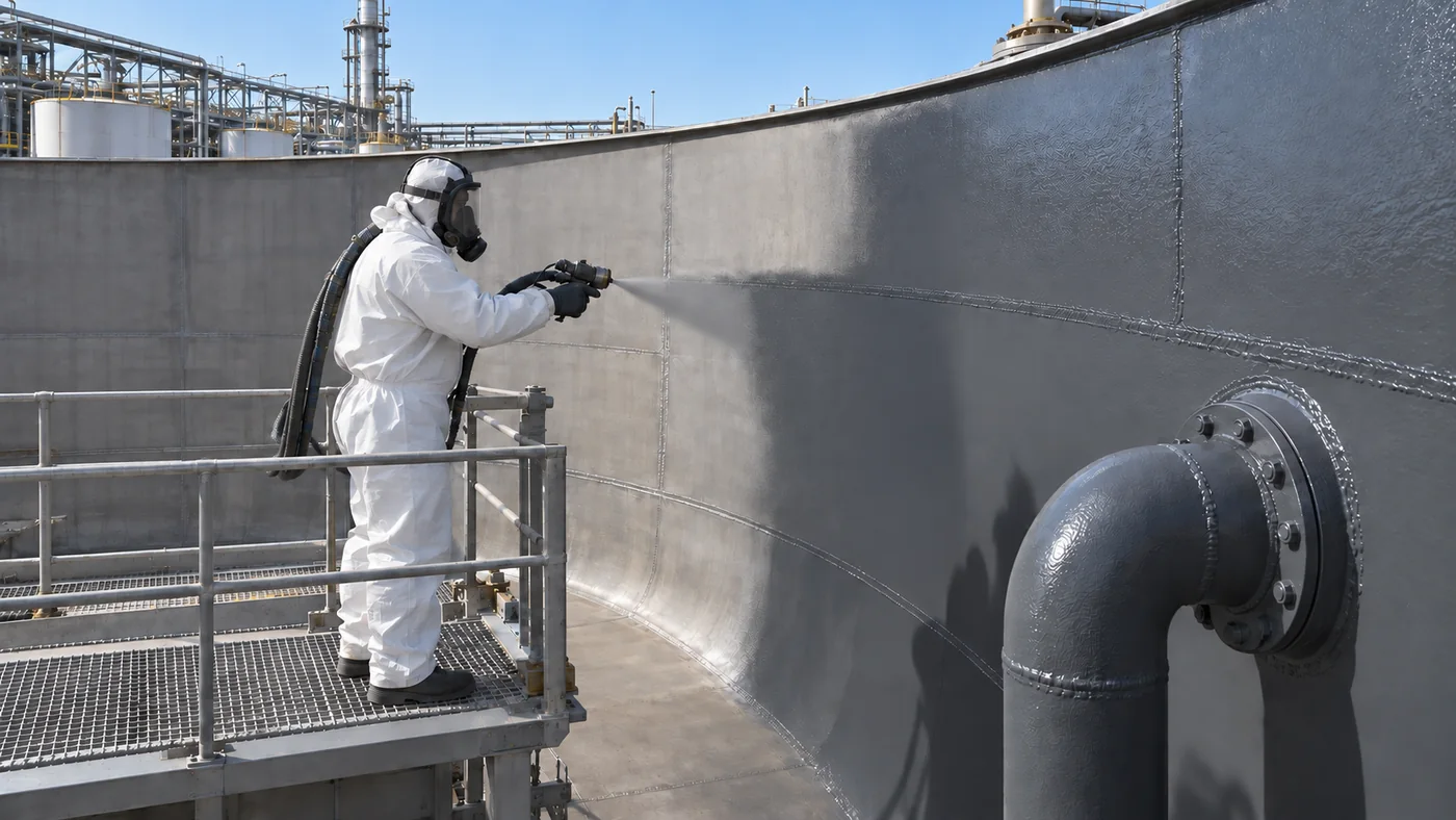 Напыление полимочевинного покрытия на подготовленный стальной резервуар